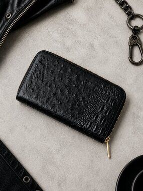 Black Faux Leather Zip Around Wallet Ostrich Croc Embossed Moto Edgy Biker Chic